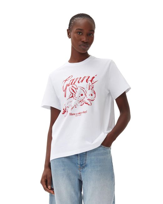 Ganni White Relaxed Bunny T-shirt
