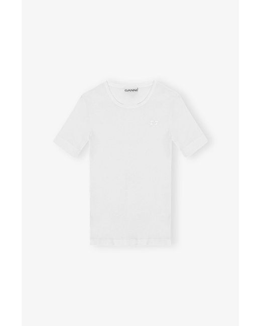 Ganni White Soft Cotton Rib Short Sleeve T-Shirt