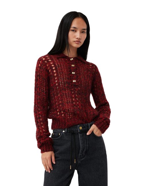Pull Red Mohair Lace Polo Ganni
