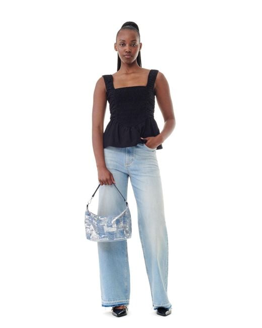 Ganni Blue Sequin Medium Butterfly Pouch Satin Bag