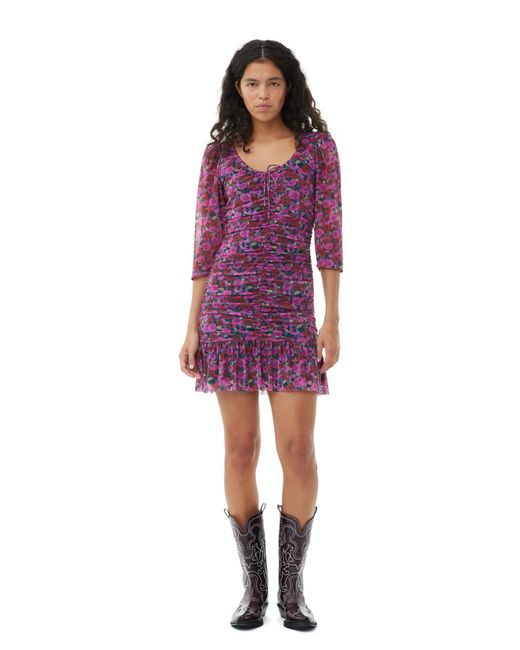 Ganni Purple Floral Mesh Flounce Ruched Mini Dress