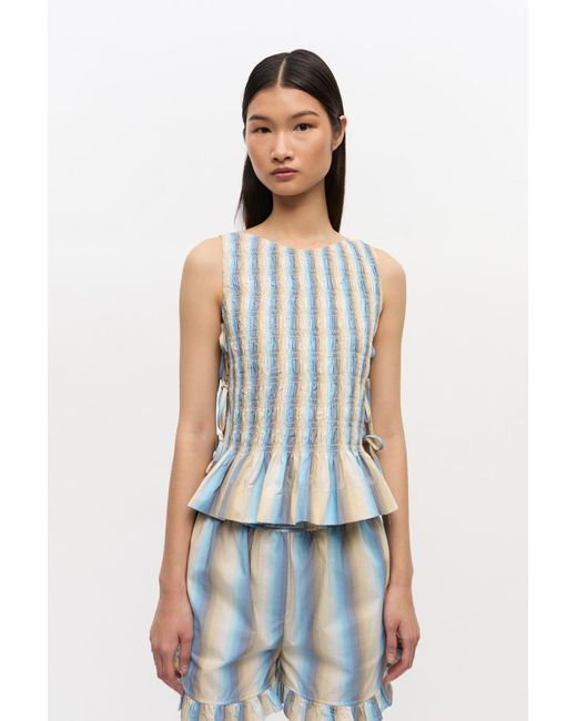 Ganni Ombre Striped Cotton Smock Tie Top in White | Lyst