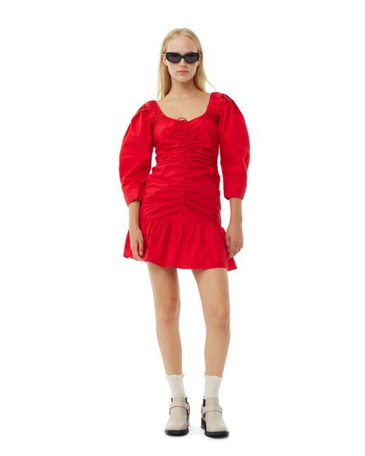 Ganni Red Cotton Poplin Gathered U-neck Mini Kleid