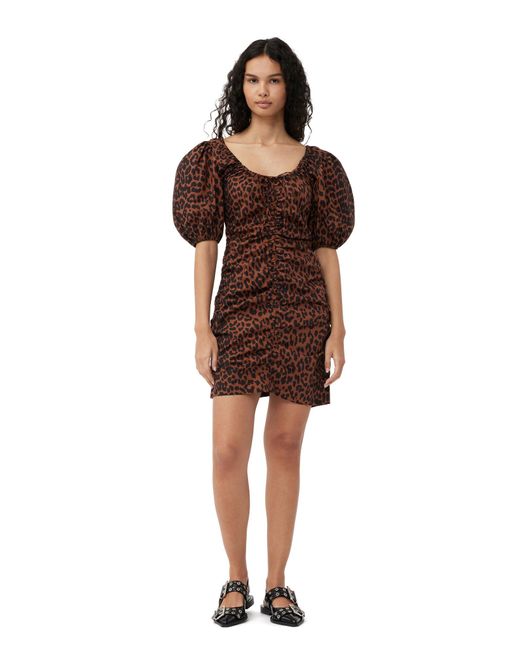 Ganni Brown Beige Short Sleeve Printed U-neck Mini Dress Size 4 Organic Cotton