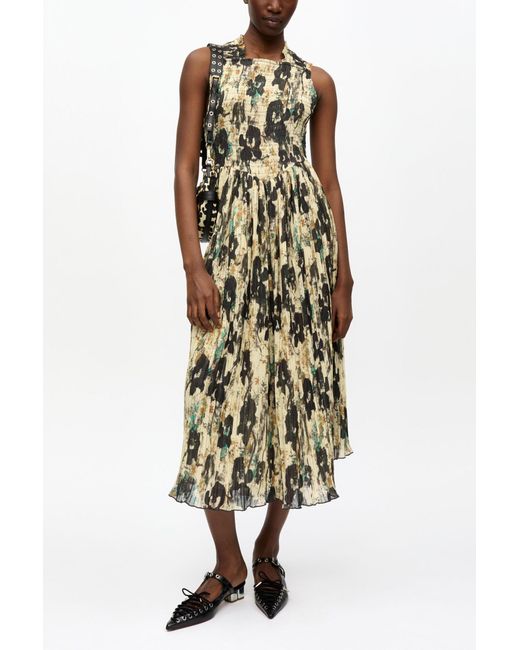 Ganni Metallic Printed Pleats Smock Midi Straps Dress