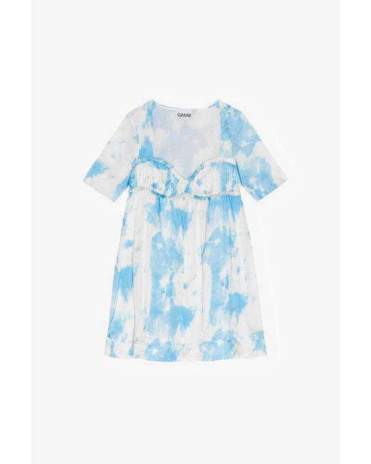 Ganni Blue Printed Satin Short Sleeve Mini Dress