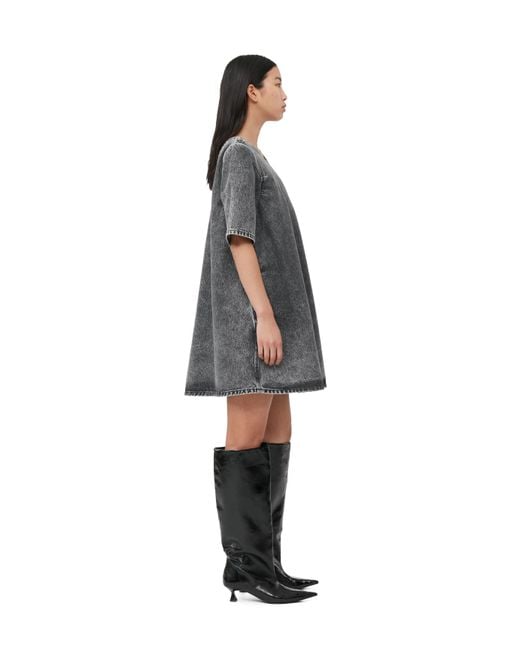 Ganni Black Short Sleeve Snow Washed Denim A-line Mini Dress