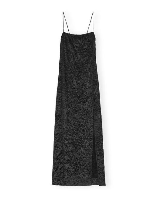 Ganni Black Crinkled Satin Midi Slip Dress Size 4 Elastane/polyester