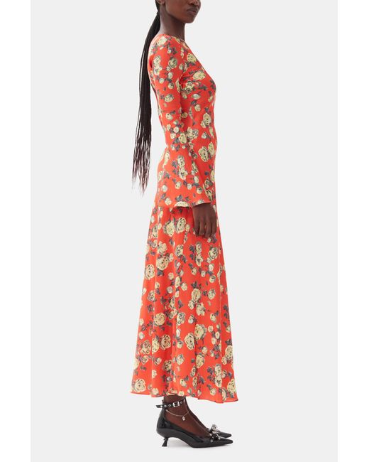 Ganni Red Floral Printed Satin Maxi Dress