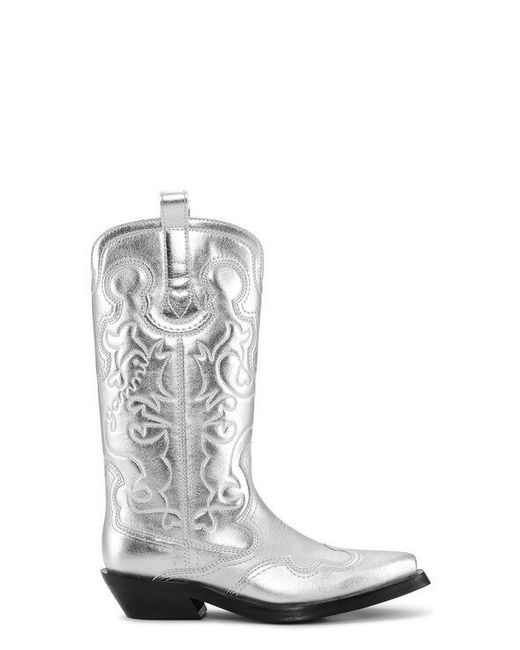 Ganni Gray Mid Shaft Embroidered Western Boots