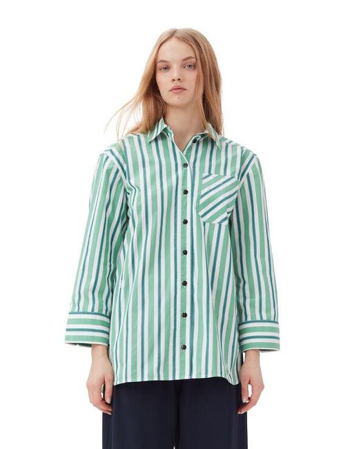 Ganni Blue Green Striped Cotton Oversized Shirt