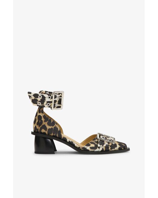 Ganni Blue Leopard Print Feminine Buckle Open Cut Pumps Polyester