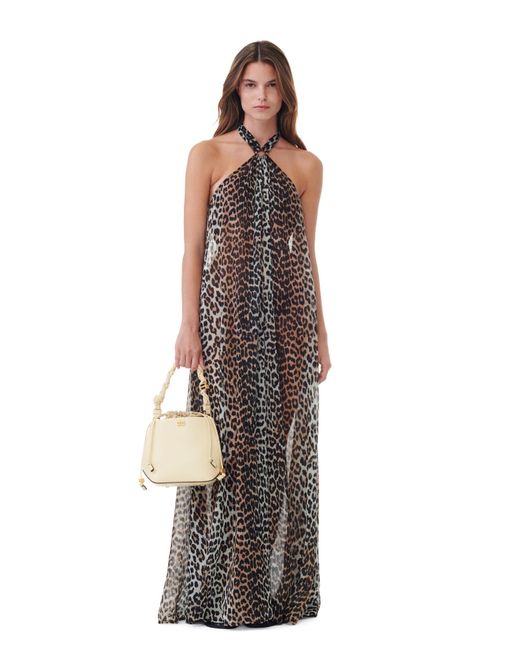 Ganni Multicolor Leopard Printed Light Chiffon Halterneck Long Dress Size 6 Polyester