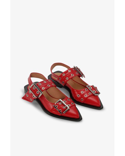 Ganni Red Buckle Ballerina Naplack Shoes