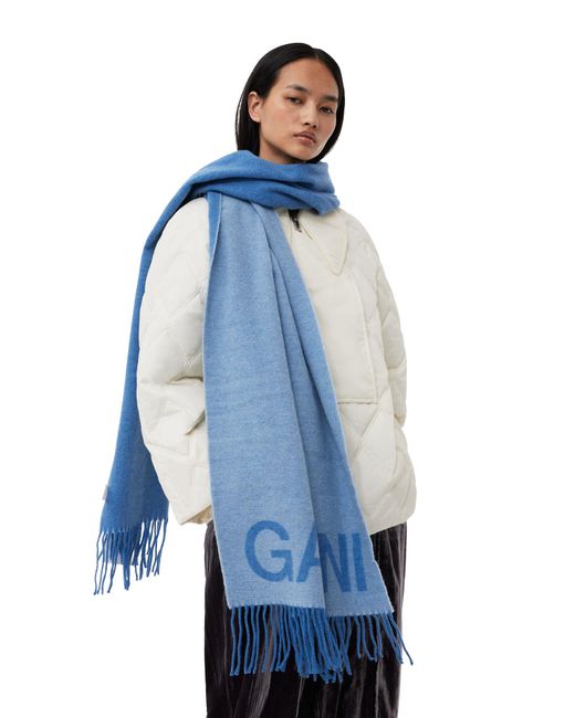 Ganni Light Blue Wool Fringed Schal