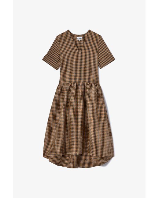 Ganni Brown Crinkled Check Long Dress