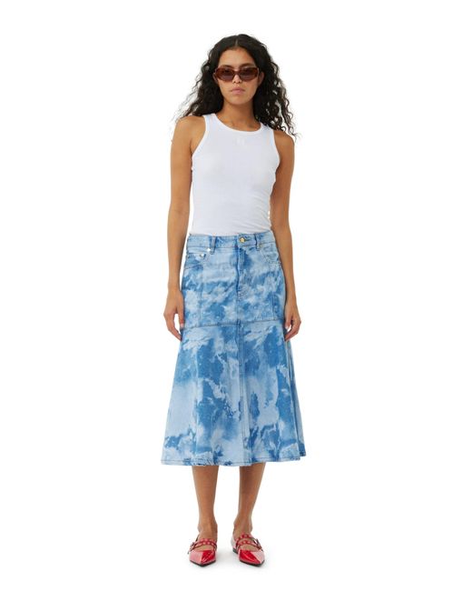 Ganni Blue Bleach Denim Flounce Midi Skirt