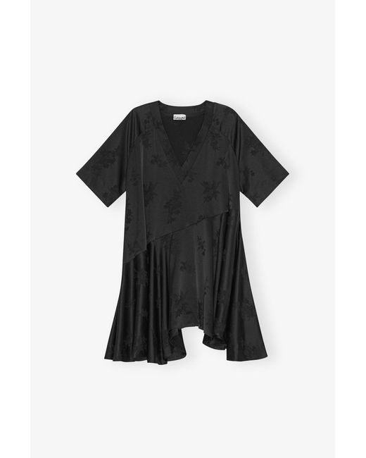 Ganni Black Floral Satin Jacquard Oversized Mini Dress