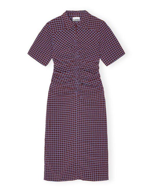 Ganni Purple Checkered Stretch Seersucker Fitted Dress