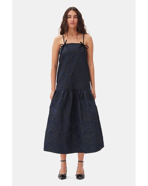 Ganni Blue Botanical Jacquard Strap Midi Dress