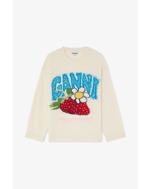 Ganni Gray Oversized Jumper With Strawberry