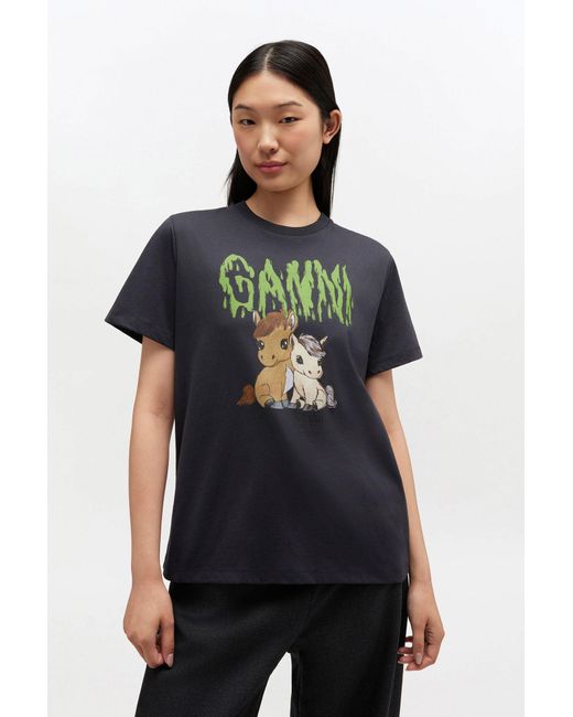 Ganni Black Graphic Cotton T-Shirt