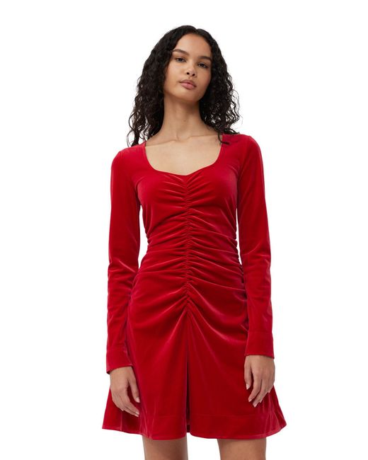 Ganni Red Velvet Jersey Mini Dress