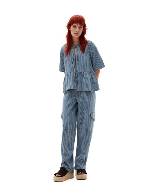 Ganni Blue Short Sleeve Light Stripe Denim Peplum Blouse