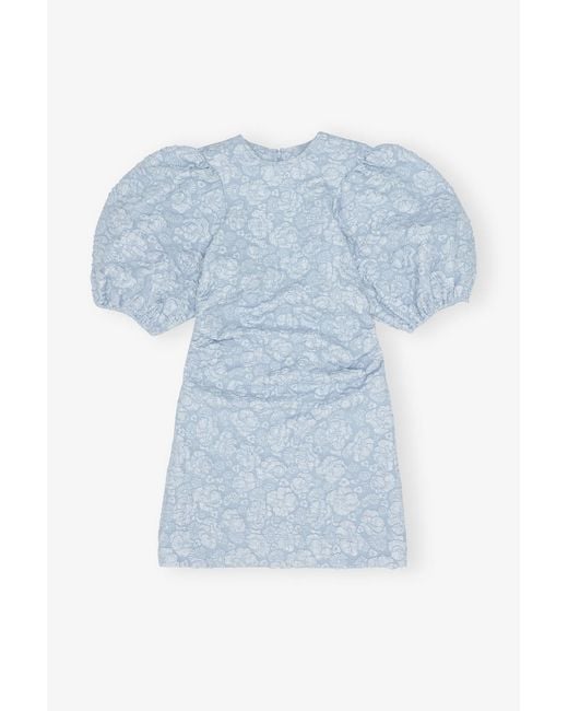 Ganni Blue Short Sleeve Stretch Jacquard Puff Sleeves Mini Dress