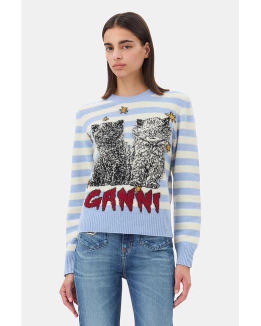 Ganni Blue Striped Graphic Cat Jumper