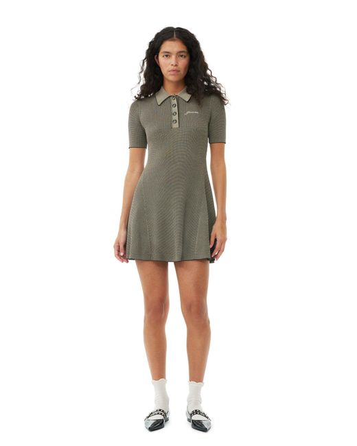 Ganni Green Safari Brown Melange Knit Short Sleeve Mini Dress Size 2xs Elastane/polyamide/rayon