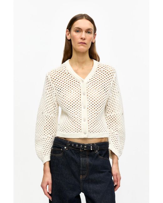 Ganni White Ivory Rhinestone Cotton Pointelle Cardigan