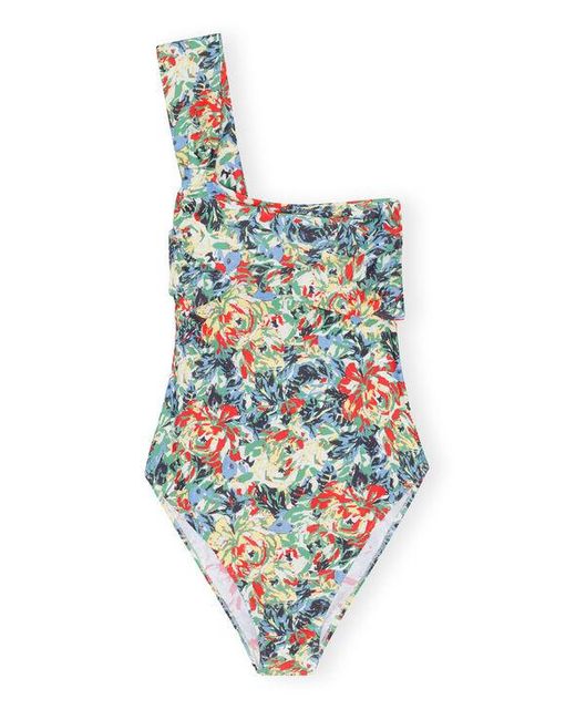 Ganni Multicolor Recycled Printed Gathered Asymmetric Swimsuit