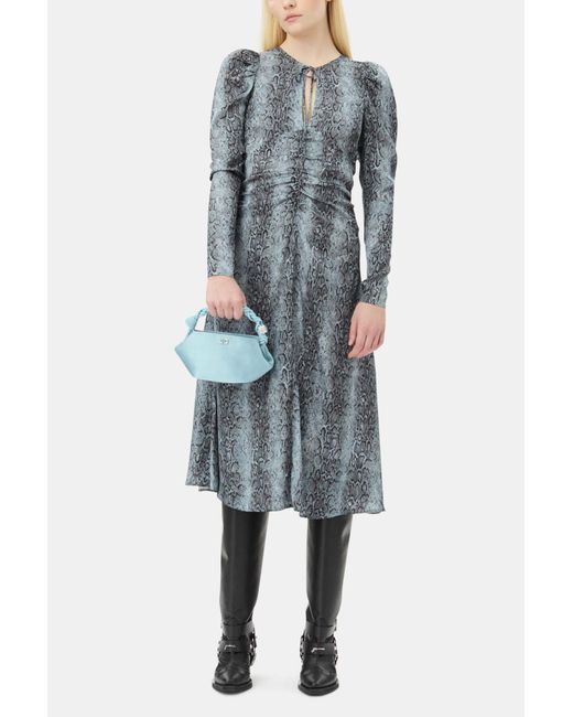 Ganni Blue Snake Print Ruched Midi Dress