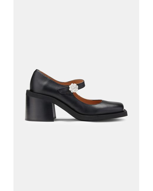 Ganni Square Toe Heeled Mary Jane Leather Shoes | Coggles