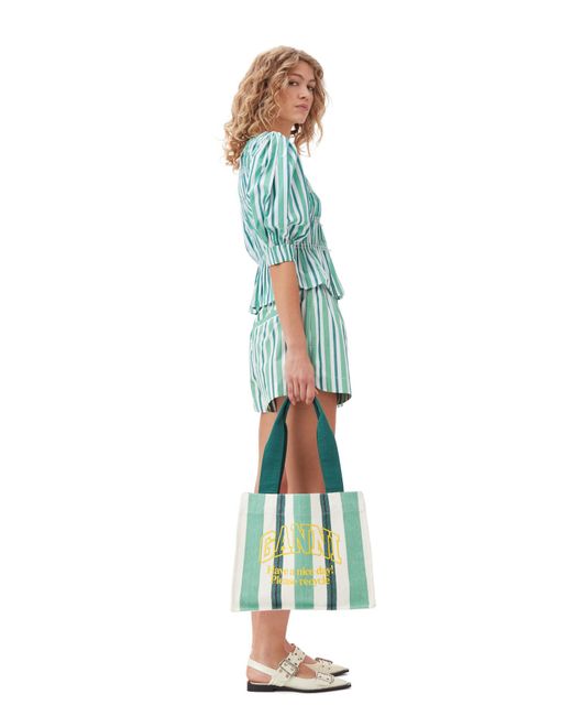 Ganni Green Large Striped Canvas Tote Bag
