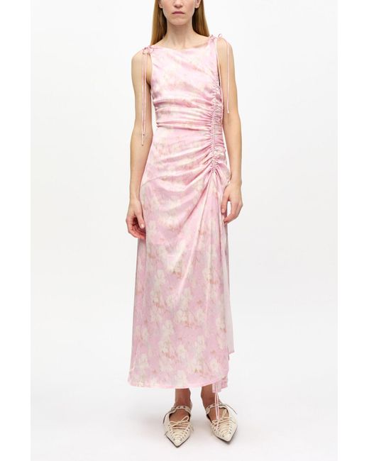 Ganni Pink Printed Satin Gathered Dress