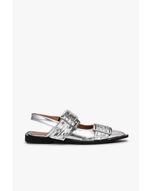 Ganni Blue Metallic Feminine Buckle Ballerinas