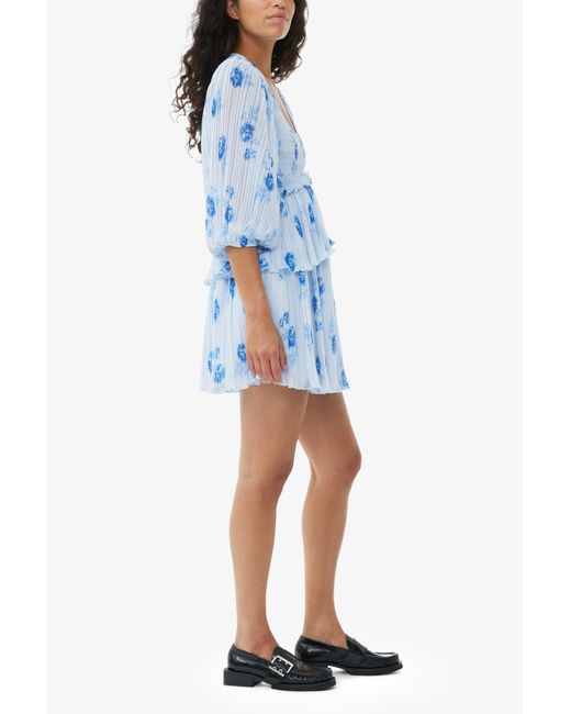 Ganni Blue Pleated Georgette Flounce Smock Mini Dress