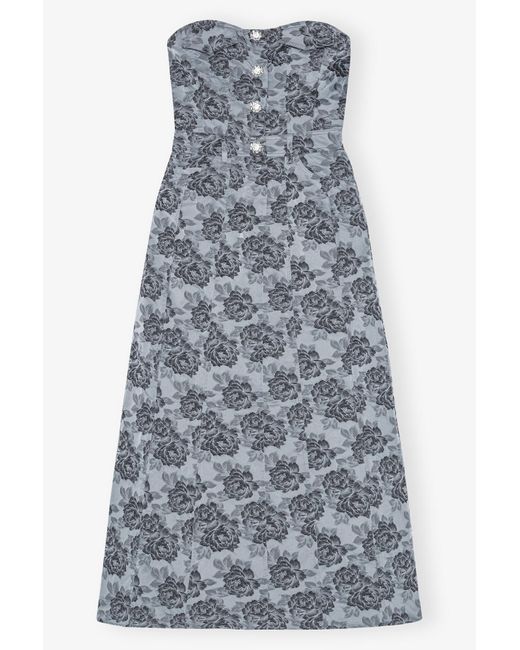 Ganni Blue Floral Jacquard Long Corsage Dress