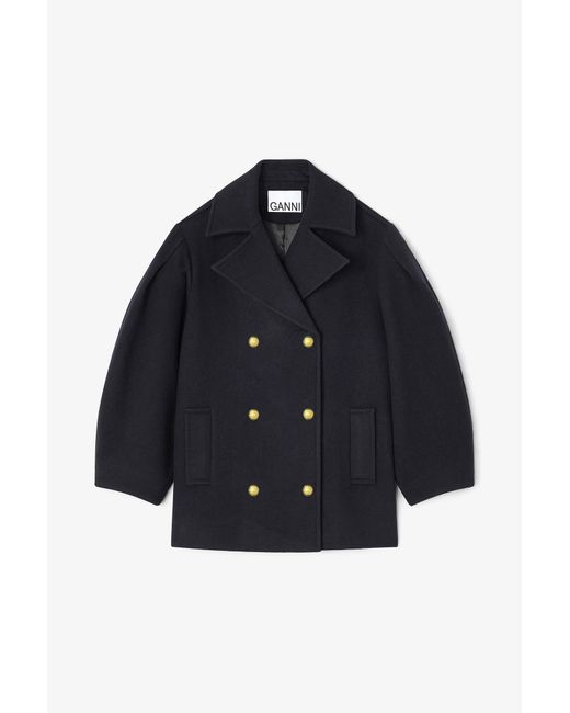 Ganni Black Dark Wool Oversized Midi Peacoat