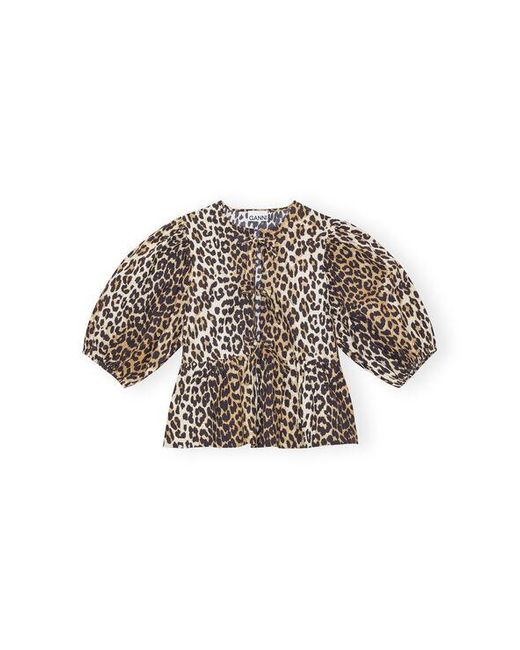 Ganni Multicolor Leopard Cotton Poplin Peplum Tie Blouse