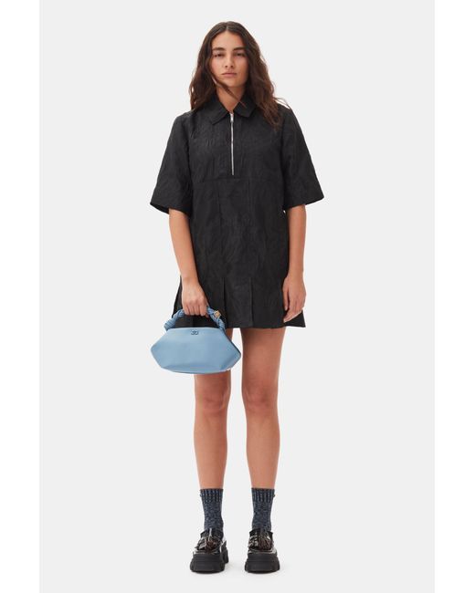 Ganni Black Textured Cloque Pleated Mini Dress