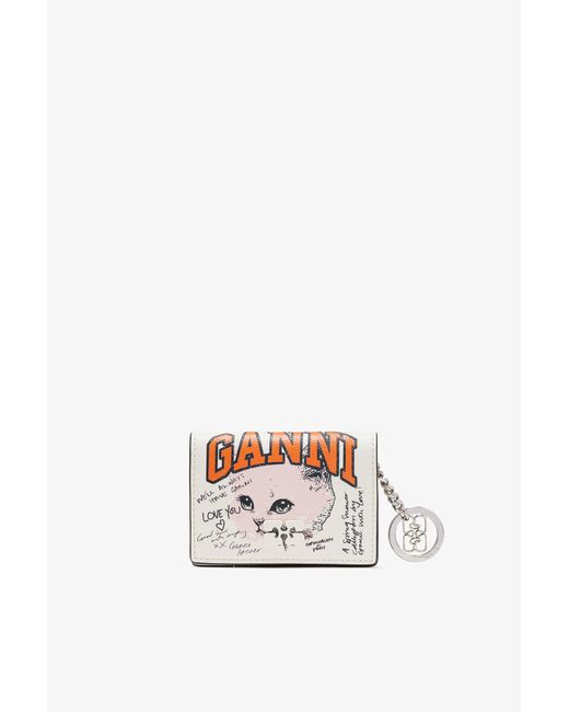 Ganni White Card Holder With Flap And Cat
