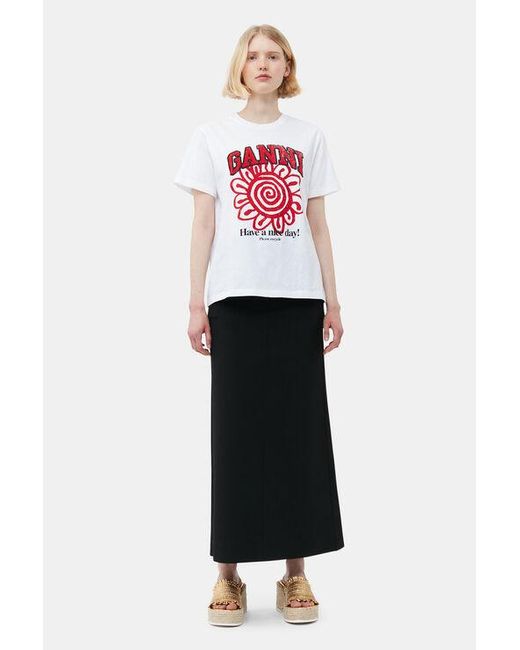 Ganni White Short Sleeve Relaxed Flower T-Shirt