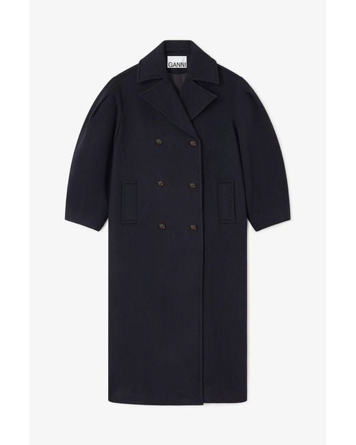 Ganni Blue Dark Wool Oversized Long Peacoat