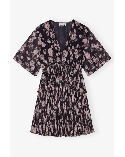 Ganni Floral Printed Pleated Georgette Mini Dress Size 4 Polyester in Black Lyst UK