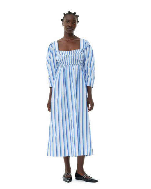 Ganni Blue Striped Cotton Smock Long Kleid