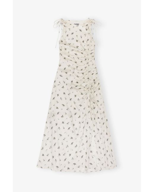 Ganni Natural Satin Gathered Dress