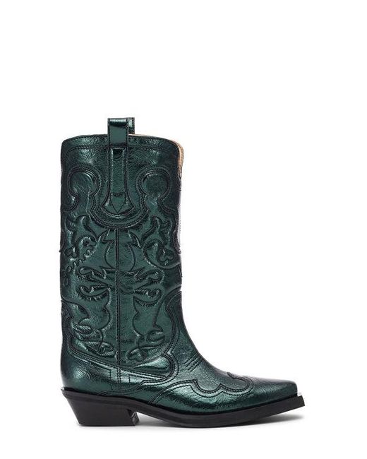 Ganni Blue Green Metallic Mid Shaft Embroidered Western Boots
